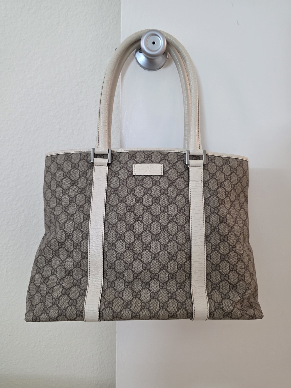 Gucci Beige GG Canvas Tote Bag with White Trim